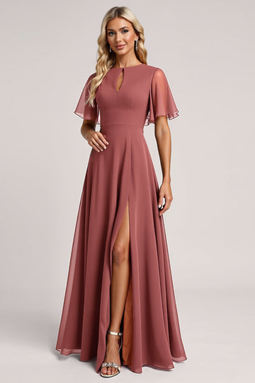 Vintage Mauve A Line Short Sleeves Chiffon Long Bridesmaid Dress with Slit